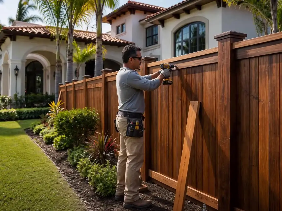 Fence construction beside a Florida-style home